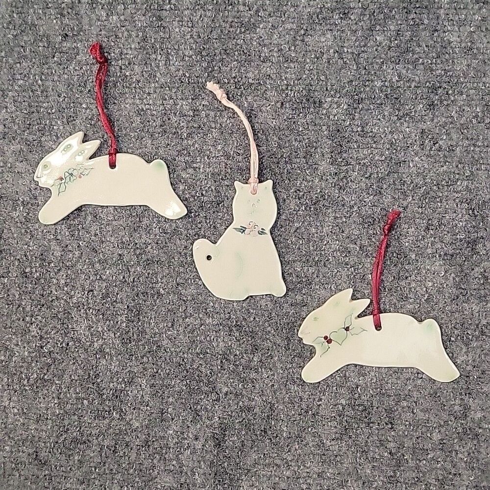Ceramic Country Cat / Bunny Rabbit Lot of 3 Hanging Ornament White